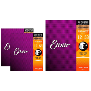 Elixir Nanoweb Light Phosphor Bronze Acoustic Guitar Strings 3 Pack